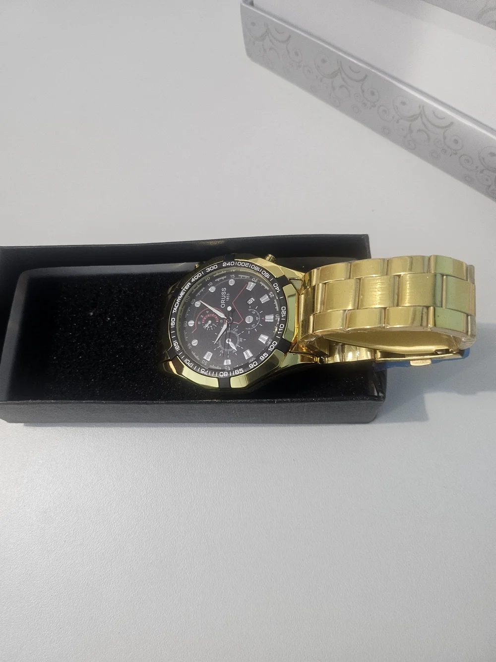 Russ Gold-Tone Bracelet Chronograph Watch with Black Dial